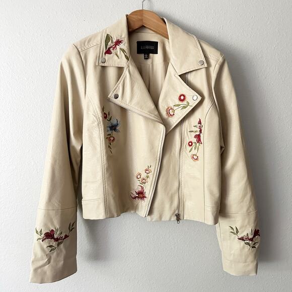 Blu Pepper Beige Floral Embroidered Faux Leather Moto Jacket women’s size large - Picture 1 of 11